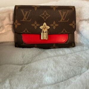 Louis Vuitton Monogram and Red Leather Wallet with Gold Padlock